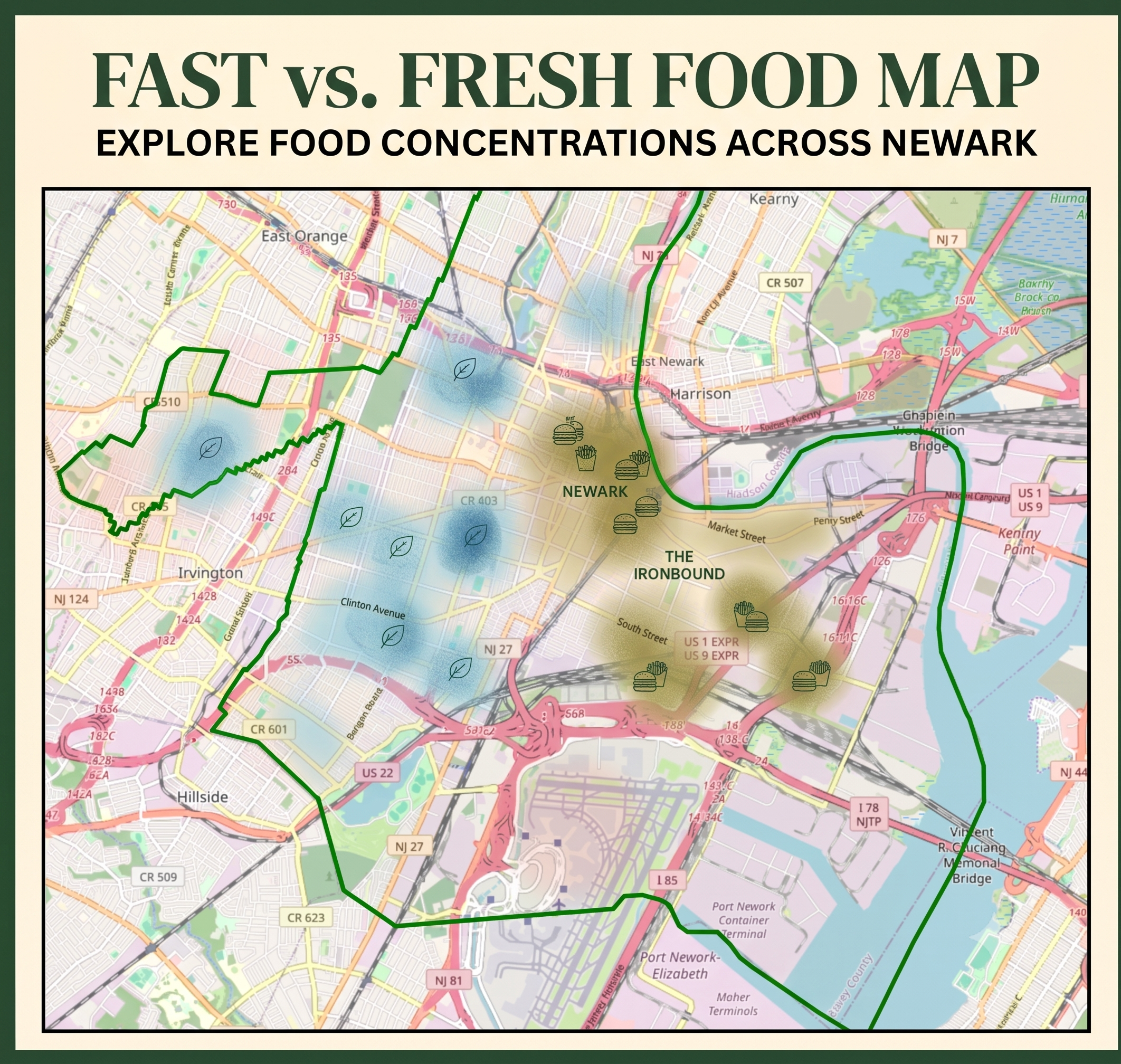 Fast vs. Fresh Food Map showing food concentrations across Newark